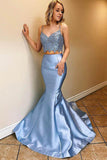 Blue Satin Two Piece Mermaid Lace Long Prom Dresses With Sweep Train, SP616