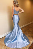 www.simidress.com supply Blue Satin Two Piece Mermaid Lace Long Prom Dresses With Sweep Train, SP616