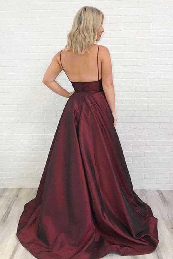 www.simidress.com supply Simple Burgundy Satin A-line Spaghetti Straps V Neck Prom Dress With Train, SP619