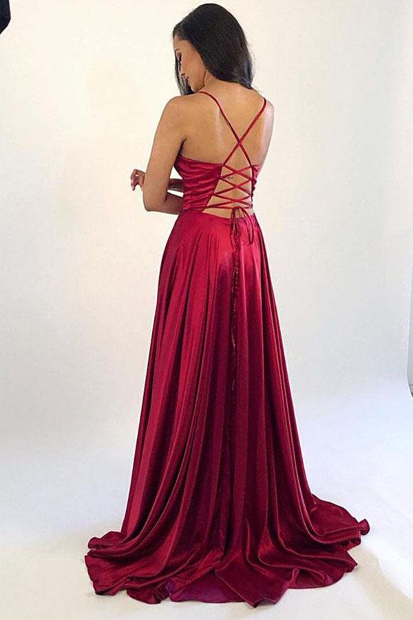 www.simidress.com offer Hot Sale Simple Satin A-Line V-neck Prom Dresses Evening Dress With Side Slit, SP620