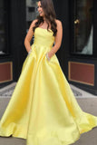 Simple Satin Off-the-Shoulder A-Line Strapless Prom Dresses With Pocket, SP622