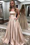 www.simidress.com|Simple Satin Off-the-Shoulder A-Line Strapless Prom Dresses With Pocket, SP622