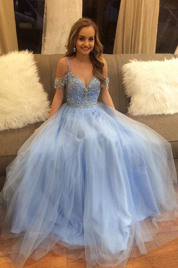 Gorgeous Blue Tulle A Line Puffy Beaded Long Prom Dress, Graduation Dr Simidress Gorgeous Blue Tulle A Line Puffy Beaded Long Prom Dress, Graduation Dr Simidress