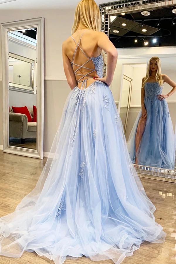 www.simidress.com supply Blue Tulle Spaghetti Straps High Slit Sweep Train Prom Dress With Appliques, SP624 at affordable price