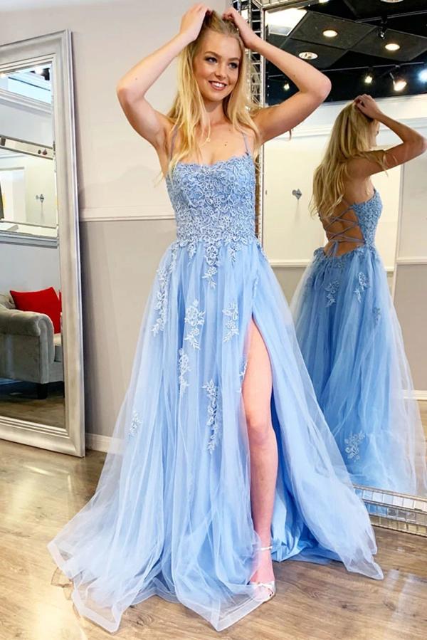 Find Blue Tulle Spaghetti Straps High Slit Sweep Train Prom Dress With Appliques, SP624 at www.simidress.com