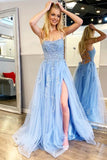 Find Blue Tulle Spaghetti Straps High Slit Sweep Train Prom Dress With Appliques, SP624 at www.simidress.com