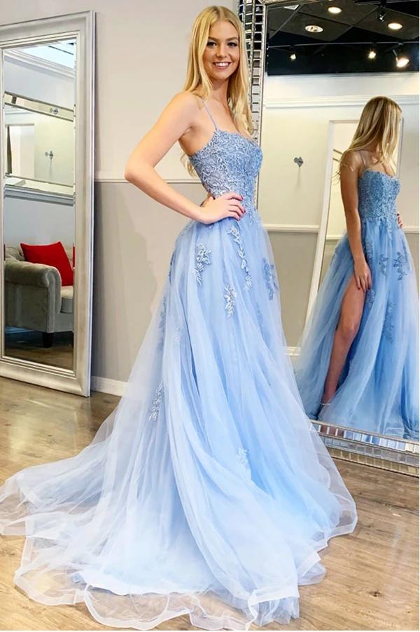 Blue Tulle Spaghetti Straps High Slit Sweep Train Prom Dress With Appliques, SP624