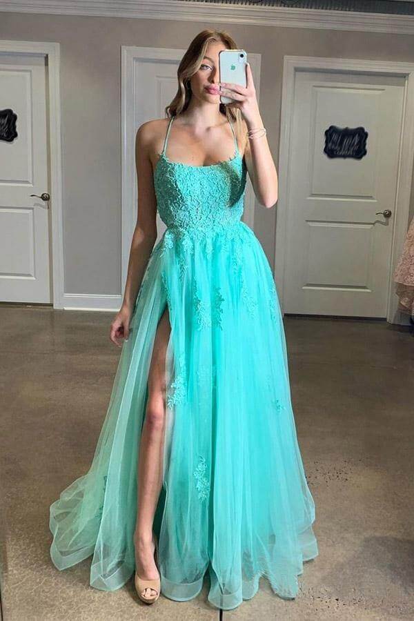 Blue Tulle Spaghetti Straps High Slit Sweep Train Prom Dress With Appliques, SP624 | prom dresses | evening dresses | formal dresses | cheap prom dresses | Green prom dresses | party dresses | formal dresses Simidress.com