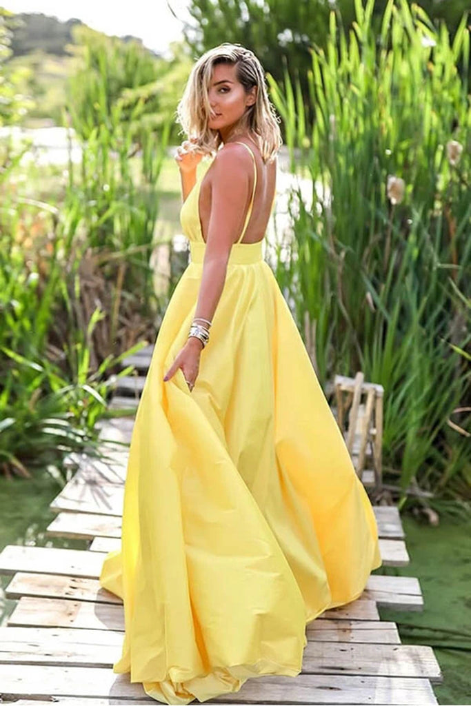 www.simidress.com supply Simple Yellow Satin A-line Deep V Neck Backless Prom Dress With Sweep Train, SP625