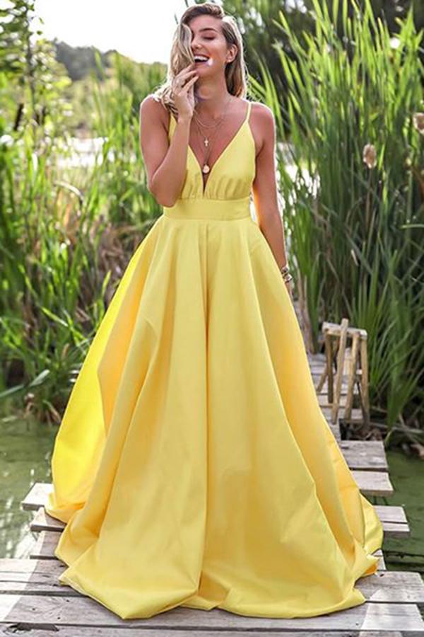 Simple Yellow Satin A-line Deep V Neck Backless Prom Dress With Sweep Train, SP625