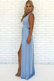 www.simidress.com supply Sky Blue Chiffon A-Line V-Neck Criss-Cross Straps Prom Dress With Side Slit, SP626