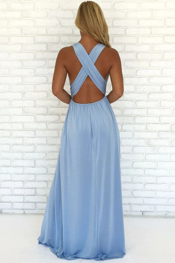 Find Sky Blue Chiffon A-Line V-Neck Criss-Cross Straps Prom Dress With Side Slit, SP626 at www.simidress.com at good price