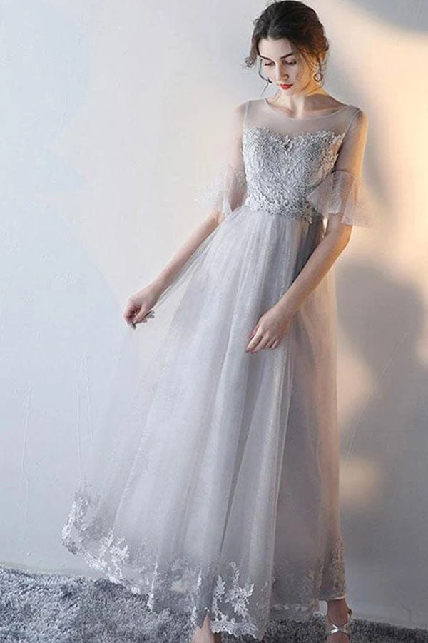 Elegant Gray Tulle A-Line Short Sleeves Lace Prom Dresses Evening Dress, SP627