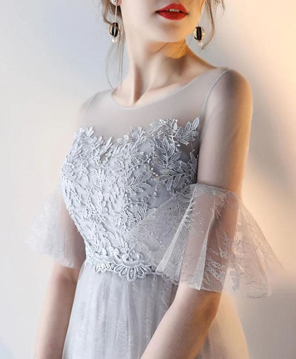 Find Elegant Gray Tulle A-Line Short Sleeves Lace Prom Dresses Evening Dress, SP627 at www.simidress.com