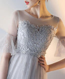 www.simidress.com supply Elegant Gray Tulle A-Line Short Sleeves Lace Prom Dresses Evening Dress, SP627