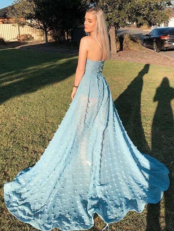 www.simidress.com supply Sky Blue A-Line Off Shoulder Strapless Lace Prom Dresses With High Split, SP628