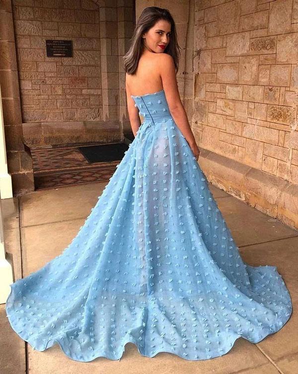 Find Sky Blue A-Line Off Shoulder Strapless Lace Prom Dresses With High Split, SP628 at www.simidress.com