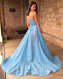 Find Sky Blue A-Line Off Shoulder Strapless Lace Prom Dresses With High Split, SP628 at www.simidress.com