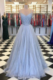 Elegant Light Blue Tulle V-neck Spaghetti Straps Lace Long Prom Dresses, SP629
