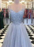 Find Elegant Light Blue Tulle V-neck Spaghetti Straps Lace Long Prom Dresses, SP629 at www.simidress.com