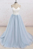 Light Blue Tulle Simple Spaghetti Straps Sweep Train Backless Prom Dress, SP631