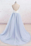 www.simidress.com supply Light Blue Tulle Simple Spaghetti Straps Sweep Train Backless Prom Dress, SP631