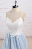 Find Light Blue Tulle Simple Spaghetti Straps Sweep Train Backless Prom Dress, SP631 at www.simidress.com