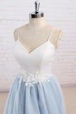 Find Light Blue Tulle Simple Spaghetti Straps Sweep Train Backless Prom Dress, SP631 at www.simidress.com