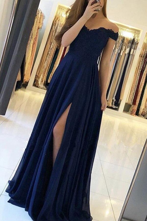 Simple Navy Chiffon A Line Off the Shoulder Prom Dresses With Side Spl Simidress Simple Navy Chiffon A Line Off the Shoulder Prom Dresses With Side Spl Simidress