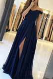 Simple Navy Chiffon A Line Off the Shoulder Prom Dresses With Side Split, SP633
