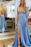 Simple Blue Satin A Line V Neck Spaghetti Straps Prom Dresses with Split, SP634