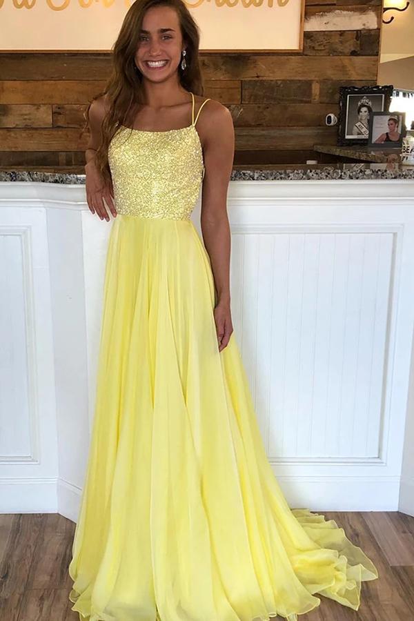Cute Yellow Chiffon A Line Scoop Neck Sequins Cross Back Prom Dress, SP635