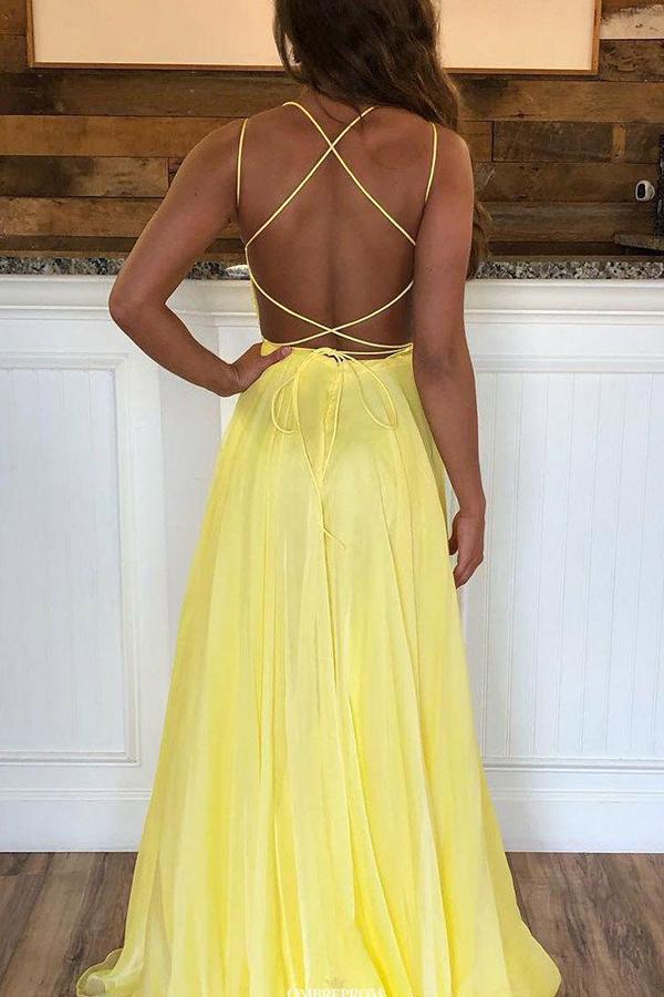 Cute Yellow Chiffon A Line Scoop Neck Sequins Cross Back Prom Dress, SP635 from www.simidress.com