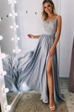 Gray Lace A-line V-neck Spaghetti Straps Long Prom Dress With Appliques, SP636