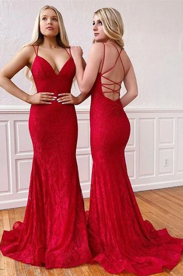 Elegant Red Mermaid Lace V Neck Prom Dresses, Formal Evening Dresses, SP638