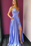 Simple Satin Lilac A-Line V-neck Spaghetti Straps Prom Dress with Pockets, SP639