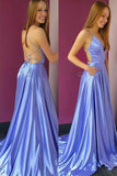 Find Simple Satin Lilac A-Line V-neck Spaghetti Straps Prom Dress with Pockets, SP639 at www.simidress.com