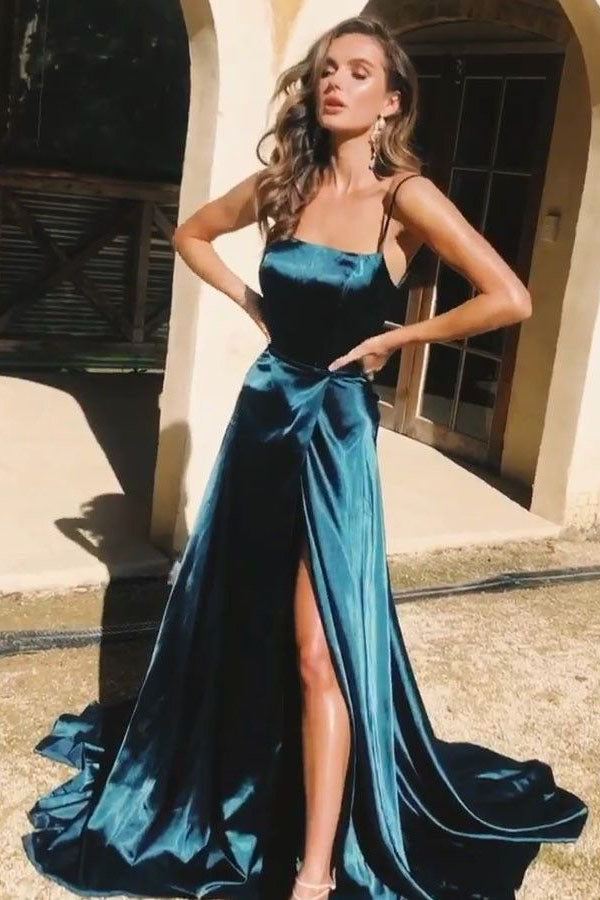 Find Simple Dark Green Satin A-line Backless Long Prom Dresses with High Slit, SP640 at www.simidress.com