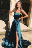 Find Simple Dark Green Satin A-line Backless Long Prom Dresses with High Slit, SP640 at www.simidress.com