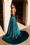 Simple Dark Green Satin A-line Backless Long Prom Dresses with High Slit, SP640 from www.simidress.com at good price