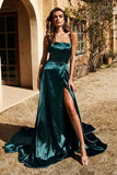 Simple Dark Green Satin A-line Backless Long Prom Dresses with High Slit, SP640