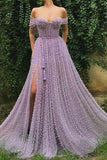Beautiful Lavender Modest Tulle Pearl Spaghetti Straps Prom Dress with Slit, SP641