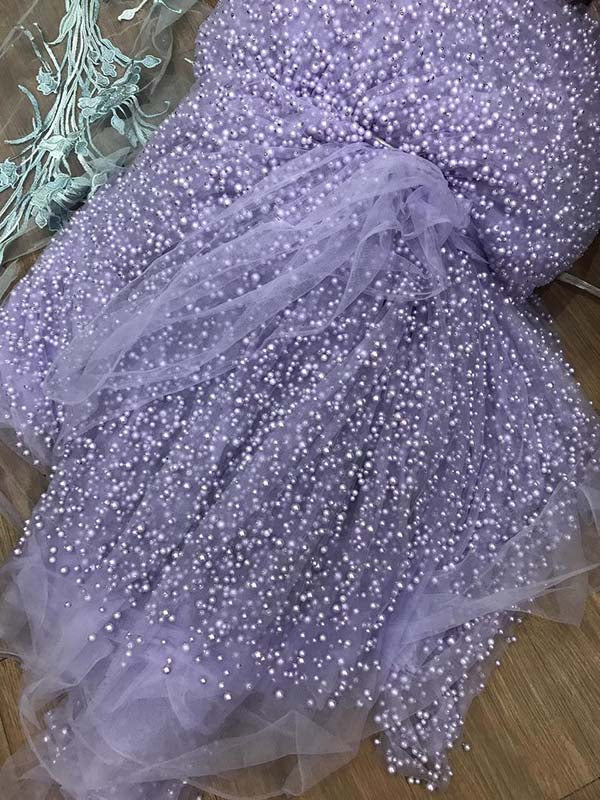 Beautiful Lavender Modest Tulle Pearl Spaghetti Straps Prom Dress with Slit, SP641 made of pearls at good prices
