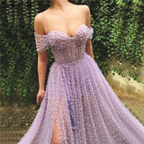 Beautiful Lavender Modest Tulle Pearl Spaghetti Straps Prom Dress with Slit, SP641 from simidress.com