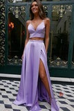 Lilac Satin Two Pieces Spaghetti Straps Sweetheart Prom Dresses with Bow, SP645