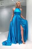 Simple Blue Satin A-line Open Back Sweep Train Prom Dresses With Slit, SP643