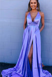 Simple Lilac Spaghetti Straps Deep V-Neck Long Prom Dresses, SP646 | Simple prom dresses | satin prom dresses | prom dresses long | evening dresses | formal dresses | prom dresses cheap | party dresses | prom dresses store | Simidress.com