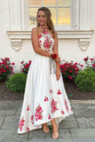 Colorful Embroider High Low Halter Two Pieces Long Prom Dress, SP647