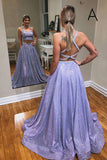 Sparkly A-line Two Piece Crossed Back Straps Long Prom Dress, SP648