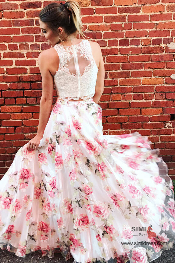 Two Piece Lace Round Neck Floral Print Prom Dresses SP649 Simidress
